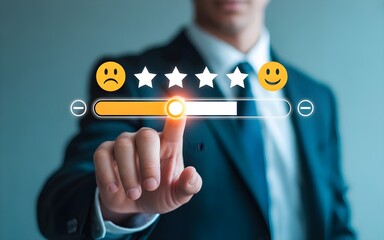 Businessman Adjusting Customer Satisfaction Rating Slider to the Highest Level with Five Stars
