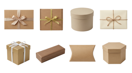 Gift box set including square, round, hexagonal, pillow, and rectangular cardboard packaging isolated. Minimalist eco friendly mailing and presentation collection.