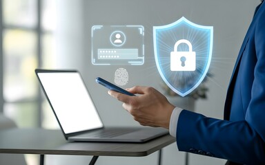 Business Professional Using Smartphone with Holographic Security Icons for Authentication