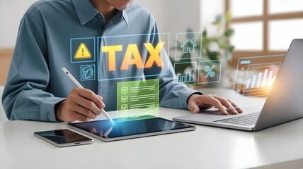Business Professional Calculating and Filing Taxes Using Digital Tablet and Laptop with Holographic Interface