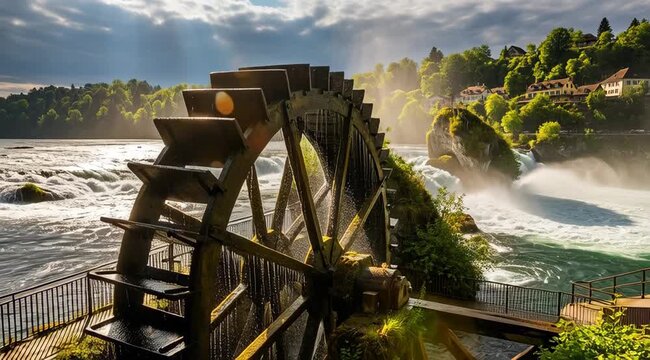 Scenic View of a Water Wheel and Waterfall in a Natural Landscape.