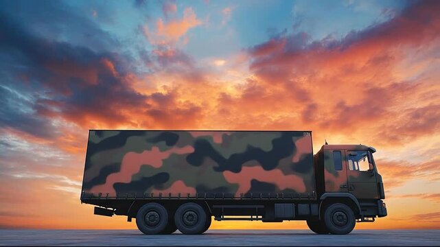 A silhouetted military truck against a vibrant sunset sky.