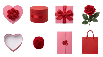 Valentine's Day gift set including heart boxes, red rose, ribboned present, envelope with wax seal, and shopping bag isolated. Romantic celebration and anniversary collection.