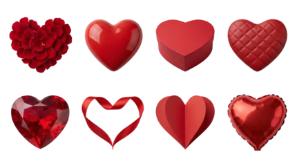 Red heart set including rose petals, glossy plastic, gift box, quilted leather, ruby gemstone, ribbon, folded paper, and foil balloon styles isolated. Valentine and romance collection.