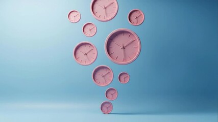 Pink clocks floating against blue background time concept