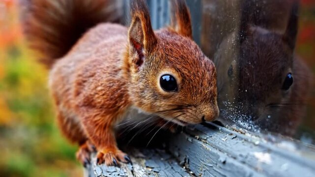 Curious red squirrel looks intently at its own reflection in a window frame in autumn