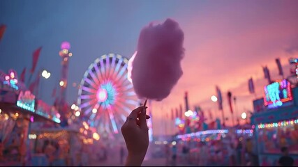 A hand holding cotton candy at a vibrant carnival during sunset.