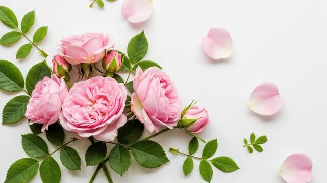 Pink roses and green leaves arrangement on white background with copy space
