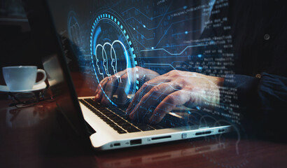 Ai head artificial intelligence symbol and man typing keyboard