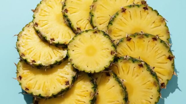 Sliced pineapple arrangement on blue background