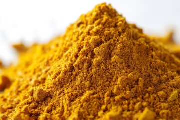 selective focus fine curry powder texture isolated on white