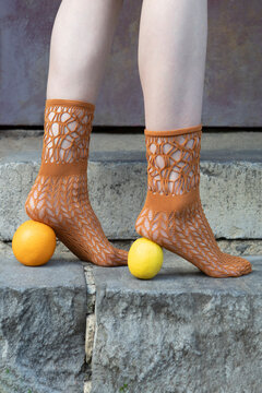 Fashionable mesh socks with citrus fruit heels in Aachen outdoors