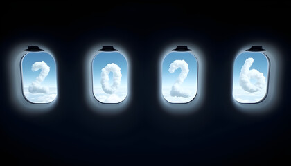 Cloud shaped 2026 seen through airplane windows with blue sky view, New Year travel, future vision, aviation and business concept