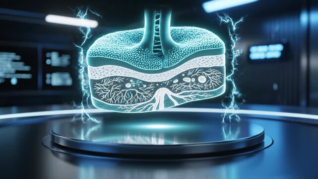 Glowing futuristic nerve root cross section floating above platform microscopic neuron and axon tissue detail with electric sparks clinical laboratory visualization of layered neural tissue cross