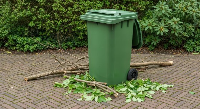 Green outdoor wheelie bin with open lid next to yard debris on a paved surface