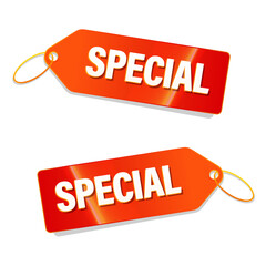 Orange special price tags isolated on white background