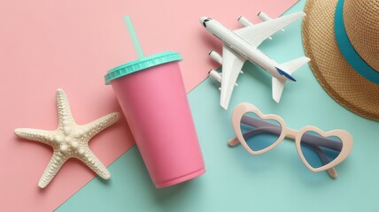 Travel Essentials: A delightful arrangement of vacation essentials, capturing the essence of wanderlust and relaxation, including a refreshing drink, stylish sunglasses, a miniature airplane.