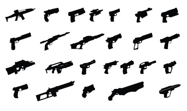 Weapon silhouettes set. Old and Modern Guns, automatic Guns. Set of various modern weapons vector illustration.