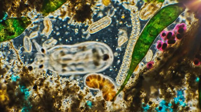 Microscopic view of pond water teeming with microorganisms, algae, and small aquatic creatures