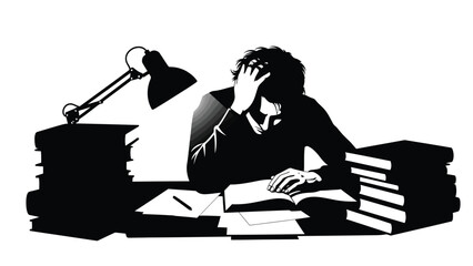Overwhelmed student silhouette sits at a cluttered desk surrounded by tall stacks of academic books under the harsh light of an adjustable lamp experiencing intense study stress