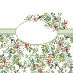 floral background with rosehip berries and branches and place for your text, food, tea, pharmacy, parfume cover