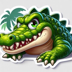  crocodile sticker with bright green scales, sharp teeth, playful expression, white border, illustration style character design