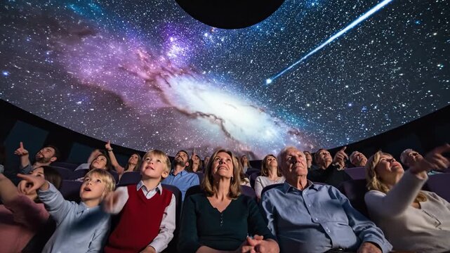 Family and children watching immersive planetarium projection of galaxy and stars under starry dome, audience pointing at swirling nebula, vivid projection filling dome with wonder and engagement