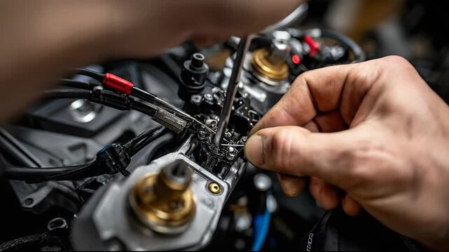 Close-up of a mechanic working on engine components with tools.