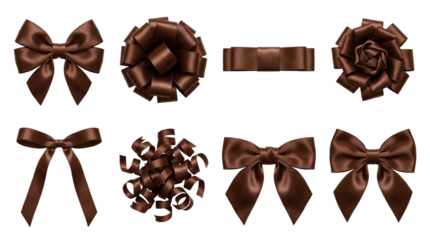 Brown satin ribbon set including decorative bows, flower rosettes, curled loops, and flat bands isolated. Elegant gift packaging and celebratory decoration collection.