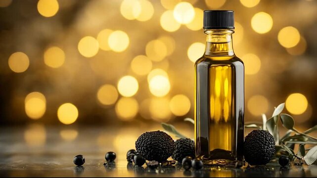 A stylish glass bottle of oil with black truffles against a golden bokeh.