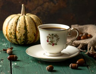 Autumnal still life with coffee, gourd, acorns, and rustic background