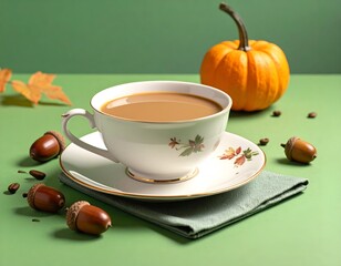 A teacup of coffee on a saucer sits with fall decor pumpkin, acorns, leaf, coffee beans