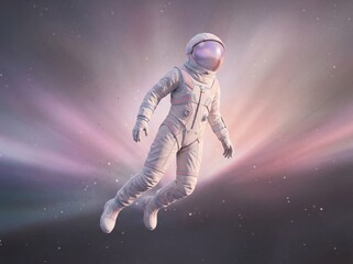 Astronaut floating in deep space with soft pink and purple nebula light rays and stars