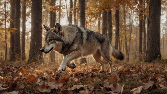 Wolf on the Prowl - A Majestic Creature in Autumn Woods.