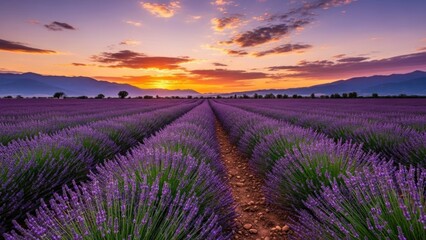 Obraz premium Lavender field sunset with colorful sky and mountain silhouette