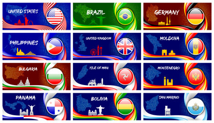 World Countries Flag Banners with Ribbon Style and Landmark Silhouettes