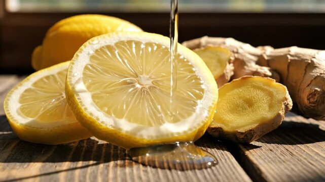 Pouring honey over fresh lemon slices and ginger root on a rustic wooden table, for a healthy beverage preparation.