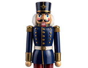 Wooden, festive soldier in a blue uniform with gold accents and a white beard and mustache