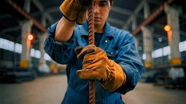 Worker inspects rebar, Warehouse employee examines corroded reinforcement bars, Industrial staff member wearing protective clothing evaluates corrosion on rebar amid machinery and warm illumination
