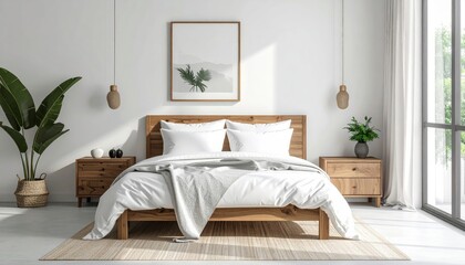 Fototapeta premium Clean luxury hotel bedroom interior featuring a comfortable bed with soft pillows, designer furniture, and elegant lamps for a peaceful travel sleep