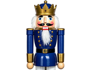 Regal, colorful, wooden figure of a kingly soldier wearing a gold crown & uniform