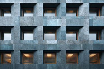 Modern building facade with square windows and textured stone panels, showcasing repetitive geometric pattern and warm interior lighting creating calm atmosphere