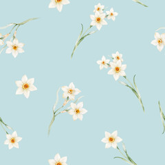 Obraz premium Seamless Watercolor Daffodil Floral Pattern with White Spring Flowers