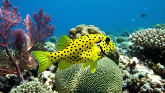 Bright yellow boxfish swimming gracefully above vibrant coral reefs in the clear ocean water