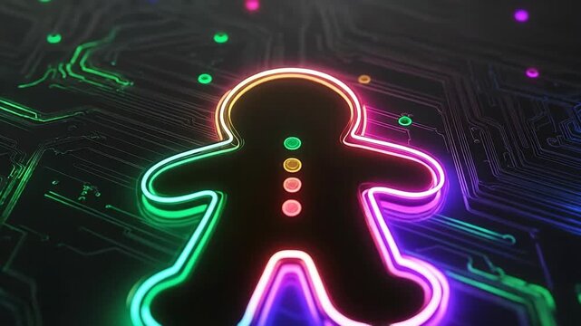 A glowing neon gingerbread figure on a colorful circuit background.