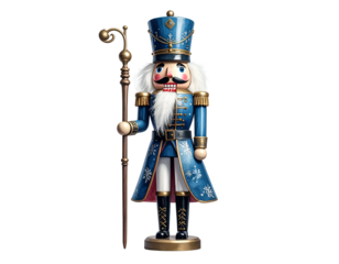 Regal wooden soldier, dressed in ornate blue coat and hat, holding staff on a black bg