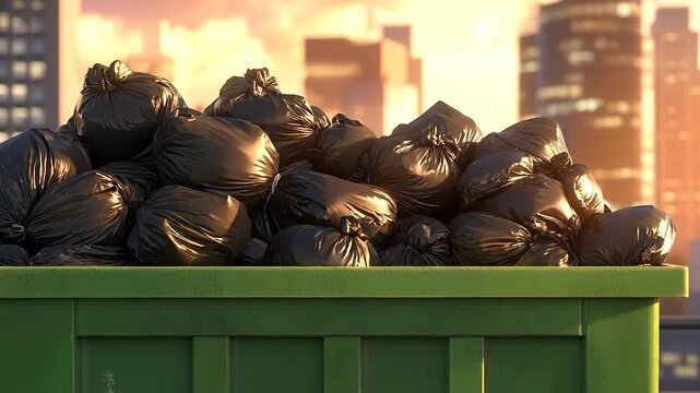 A green dumpster overflowing with black trash bags in an urban setting.