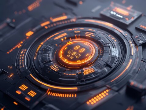 Detailed view of a futuristic digital interface with glowing orange lights and dark background showing data patterns and signals - Powered by Adobe