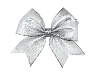 Shiny silver bow with textured fabric, isolated on a black background