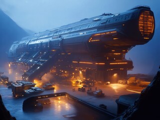 Massive spaceship docked at a facility with bright lights and detailed structures during night time